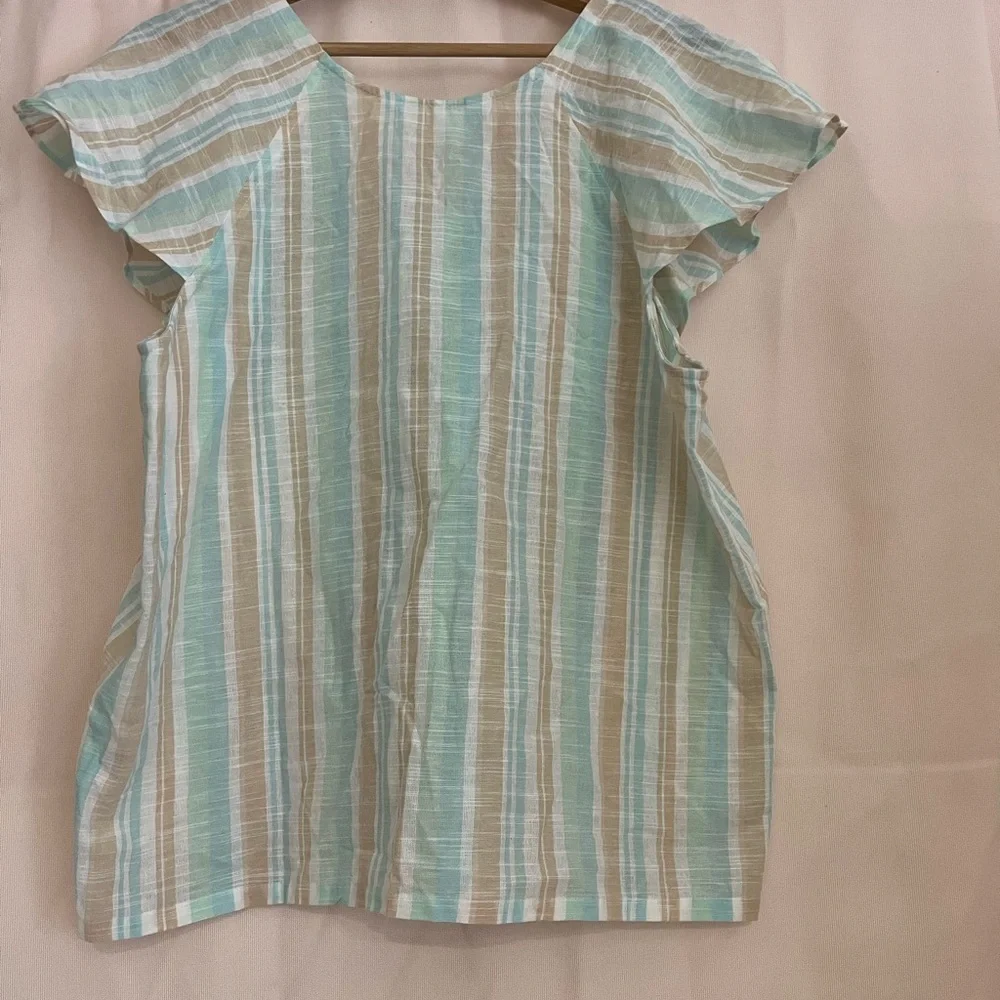 French Laundry Green Blue Ruffled Bib Collar Blouse - Picture 5 of 8